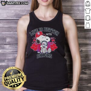 Awesome Snoopy wearing a Philadelphia 76ers logo tank top, showcasing 'Life is Better with Sixers' design.