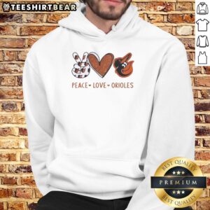 Alt Text: Official Baltimore Orioles Peace Love Orioles hoodie featuring heart-shaped hand sign and team logo.