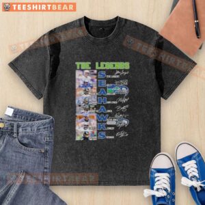 Top Seattle Seahawks Legends Names Signatures Washed T-Shirt featuring iconic player signatures in vibrant colors.