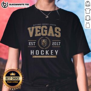 Alt Text: Womens tee featuring the official Vegas Golden Knights hockey legacy crest, perfect for fans and casual wear.