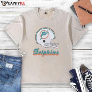 Awesome Miami Dolphins football logo on a big helmet design featured on a washed t-shirt.