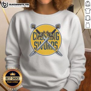 Hot Crossing Swords Podcast logo sweatshirt featuring bold graphics and vibrant colors, perfect for fans of the show.