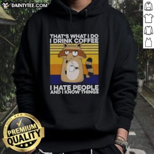 Good Grumpy Raccoon hoodie design featuring a coffee-loving raccoon with a humorous quote about drinking coffee.