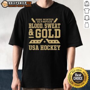 Original 2026 Winter Olympics USA Hockey T-Shirt featuring 'Blood Sweat And Gold' design in vibrant colors.