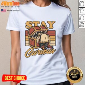 Pretty Frieren Elf anime treasure graphic on a Stay Curious ladies tee shirt, perfect for anime fans.