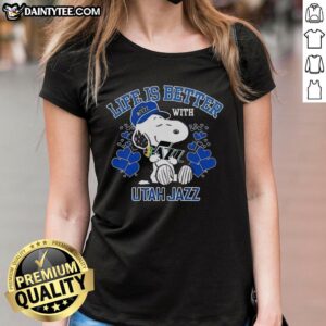 Alt Text: Snoopy holding Utah Jazz Warriors logo on a 'Life Is Better With Utah Jazz' ladies tee shirt design.