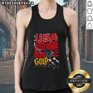 Top USA Hockey red, white, blue, and gold tank top for 2026 Milan, perfect for fans and sports enthusiasts.
