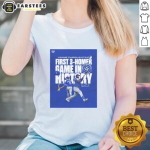 Alt Text: Vinnie Pasquantino celebrates his historic first 3-homer game at the 2026 World Baseball Classic in a stylish ladies tee.