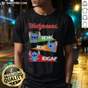 Alt Text: Cute Stitch X Walgreens Idk I Don't Care Idc Idgaf t-shirt featuring a playful design perfect for casual wear.