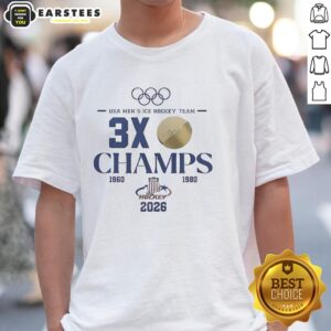 Alt Text: Nice USA Hockey 2026 Olympic Men's Ice Hockey 3X Champions T-Shirt featuring bold graphics and vibrant colors.