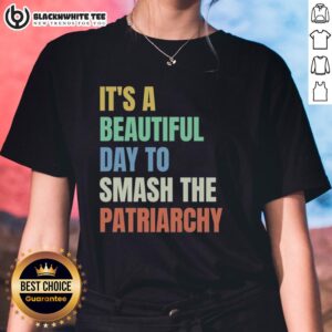 Rainbow Ladies Tee with 'It's a Beautiful Day to Destroy the Patriarchy' slogan, perfect for feminist apparel enthusiasts.