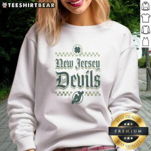 St. Patrick's Day sweatshirt featuring the New Jersey Devils Lucky Slapshot design, perfect for hockey fans.