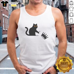 Pretty black cat wearing a crown, showcasing 'No Kings in America' tank top, perfect for feline fashion lovers.
