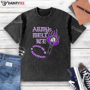 Alt Text: BTS ARMY lightstick design on a washed t-shirt, showcasing community spirit and the power of BTS fandom.