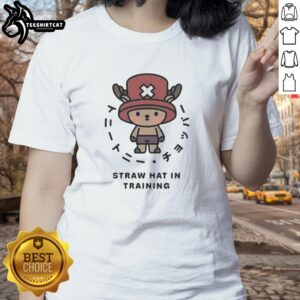 Alt Text: Stylish ladies tee featuring Hot One Piece Chopper Straw Hat in training anime character design for fans.