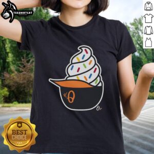 Premium Baltimore Orioles ice cream ladies tee featuring vibrant team colors and logo, perfect for fans and summer wear.