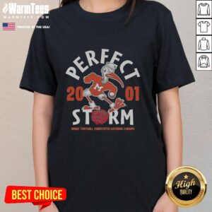 Alt Text: Vintage ladies tee featuring the Nice 2001 Miami Football National Champs design, perfect for sports fans and collectors.