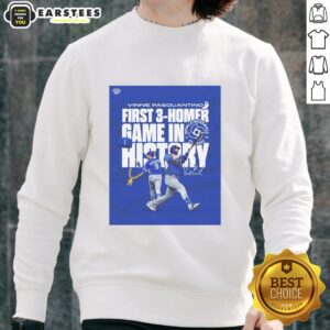 Pretty Vinnie Pasquantino in a sweatshirt celebrating his historic 3-homer game at the 2026 World Baseball Classic.