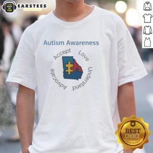 Premium Autism Awareness Georgia puzzle piece T-shirt promoting love, understanding, and advocacy for autism support.