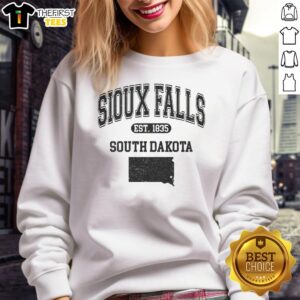Premium Sioux Falls South Dakota Est 1835 varsity sweatshirt featuring a classic design in navy blue.