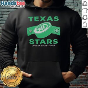 Hot Texas Stars 2025-26 Blood Drive Hoodie featuring vibrant design and logo, perfect for supporting a great cause.