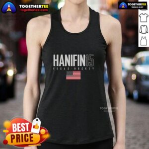 Alt Text: Noah Hanifin wearing a stylish Vegas Golden Knights USA flag elite tank top, showcasing team spirit and style.
