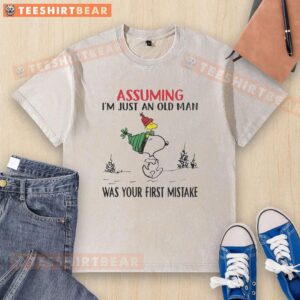 Good Snoopy and Woodstock graphic on a washed t-shirt, featuring the quote about being mistaken for an old man.