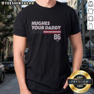 Alt Text: Premium Jack Hughes Your Daddy Stars Stripes 86 T-Shirt featuring vibrant colors and a stylish design for fans.