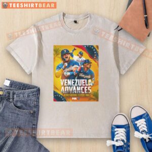 Team Venezuela celebrates victory over Team USA in the 2026 World Baseball Classic, wearing custom washed T-shirts.