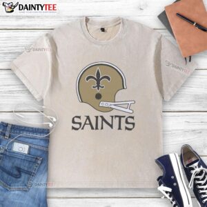 Awesome New Orleans Saints football logo on a big helmet graphic printed on a washed t-shirt for fans.