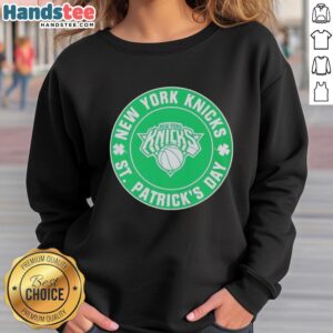 Alt Text: Premium New York Knicks St. Patrick's Day shamrock green sweatshirt featuring team logo and festive design.