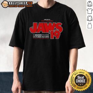 Official Jaws 19 T-Shirt directed by Max Spielberg featuring iconic shark graphic and vintage movie design.