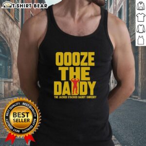 Model wearing the Pretty Ooze The Daddy jacked stacked daddy shreddy tank top, showcasing its stylish design and fit.