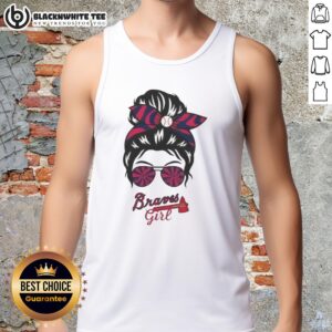 Girl in messy bun and glasses wearing a tank top, showcasing her support for the Top Atlanta Braves.