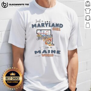Alt Text: Maryland girl in a Maine world t-shirt with state map outline, perfect for proud Maryland residents.