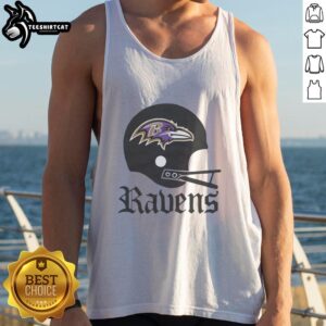 Alt Text: Stylish tank top featuring the Baltimore Ravens football logo on a large helmet design, perfect for fans.