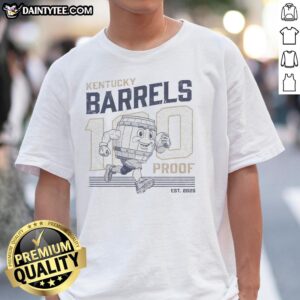 Hot 100 Proof Retro Mascot Kentucky Barrels T-Shirt featuring a vintage design with barrels and a playful mascot.