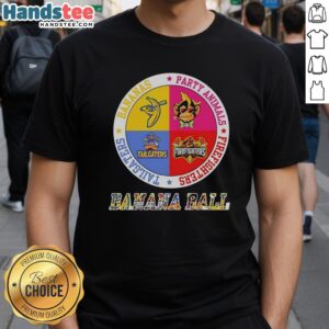 Original Bananas Ball T-Shirt featuring Party Animals, Firefighters, and Tailgaters in a vibrant circle logo design.