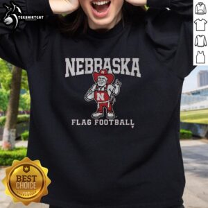 Alt Text: Premium Nebraska Cornhuskers flag football sweatshirt in red with logo, perfect for fans and game day attire.