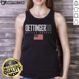 Alt Text: Cute Jake Oettinger in a Dallas Stars tank top featuring the USA flag, perfect for sports fans and summer wear.
