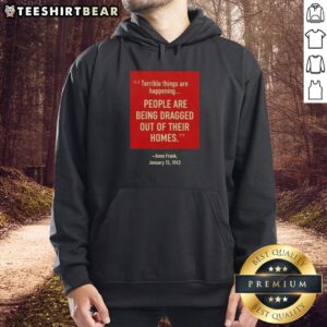 Anne Frank hoodie depicting terrible things happening: people being dragged from homes on January 13, 1943.