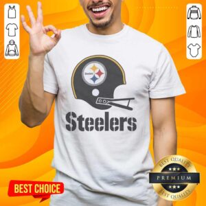 Alt Text: Awesome Pittsburgh Steelers football logo featured on a big helmet T-shirt, perfect for fans of the NFL team.