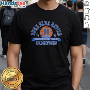 Alt Text: Official Duke Blue Devils T Rowe Price ACC Men's Tournament Champions 2026 T-Shirt in blue with team logo.