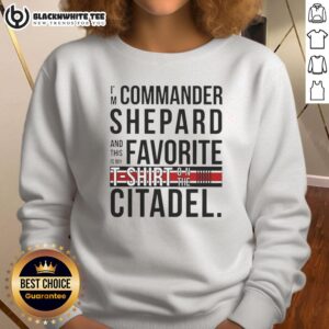 Commander Shepard wearing a favorite sweatshirt on the Citadel, showcasing iconic Mass Effect style and fandom.