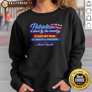 Alt Text: Awesome patriotism sweatshirt featuring Theodore Roosevelt quote on standing by the country, not just the president.