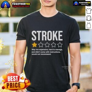 Premium Stroke T-Shirt with 1-star rating, highlighting its high cost and management issues, no instructions included.