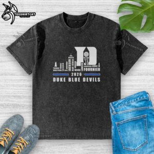 Alt Text: Premium 2026 Duke Blue Devils Basketball t-shirt featuring city skyline and player names, perfect for fans.