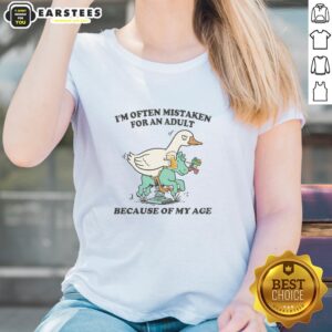 Awesome duck ladies tee featuring a humorous design about often being mistaken for an adult due to age.