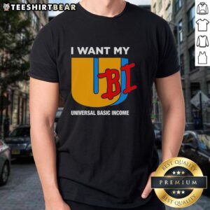 Alt Text: Nice I Want My UBI Universal Basic Income T-Shirt in bold lettering, promoting support for universal basic income.