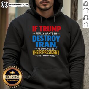 Alt Text: Hoodie with text 'If Trump Wants to Destroy Iran, He Should Be Their President' - bold political statement fashion.